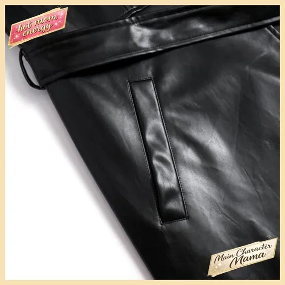 Faux Leather Trench Coat with Belt Long Sleeve Motorcycle Biker Jacket